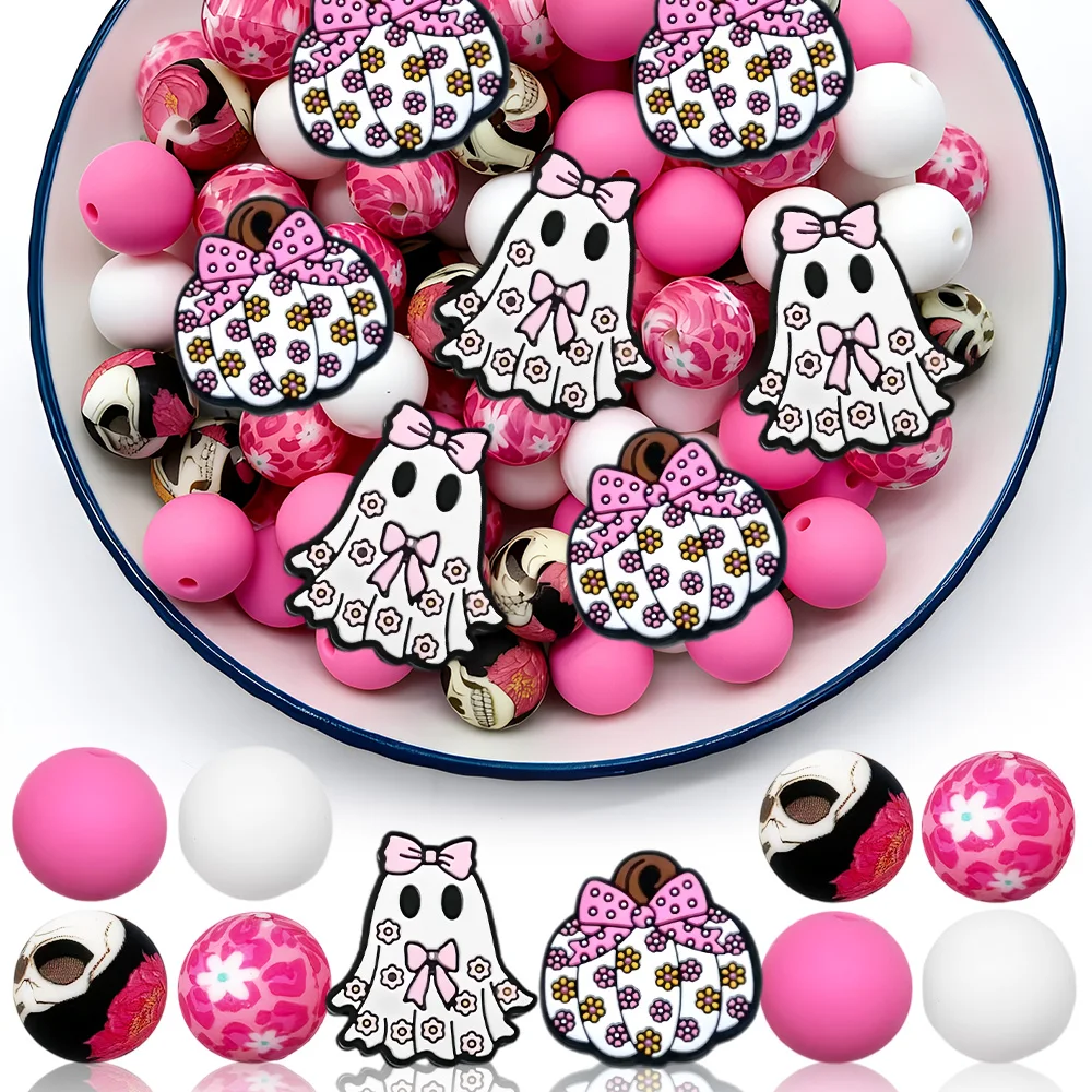 28Pcs Halloween Ghost Pumpkin Silicone Beads Set DIY Beaded Necklace Bracelet Decoration Pen Jewelry Pendant Etc. Holiday Birthday Gift