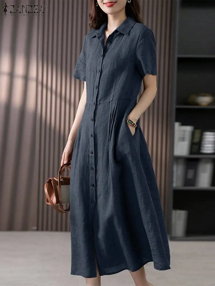 ZANZEA Fashion Summer Lapel Short Sleeve Dress Women Elegant Causal Work Sundress Solid Loose Midi Shirt Vestidos Robe Femme