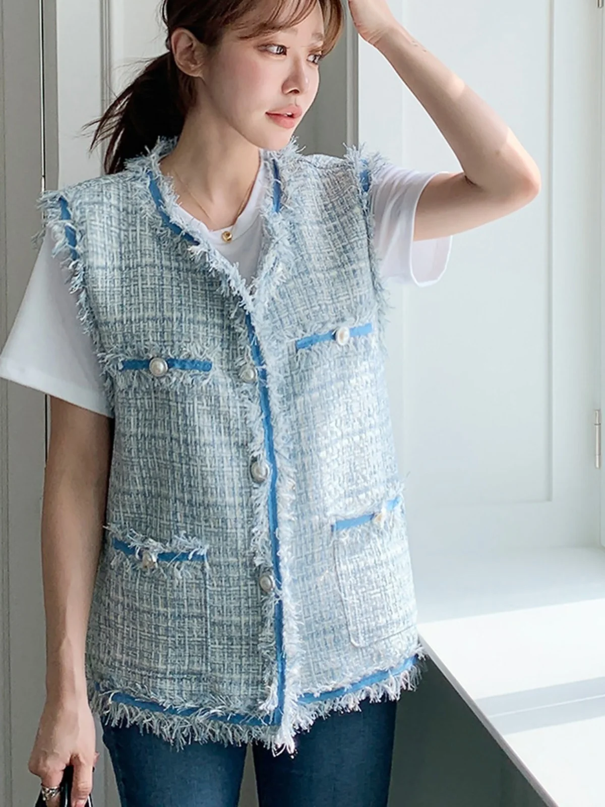 

Loose Women's Tweed Vest Pearl Button Trim Svel Age-Defng Small Fraance Sle Coat Casual Commute Spring Faion