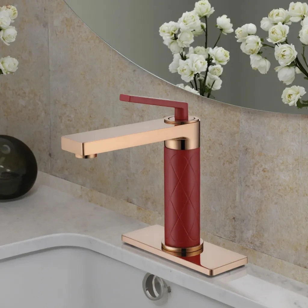 

Modern single handle brass faucet, stylish red rose gold faucet in bathroom lobby