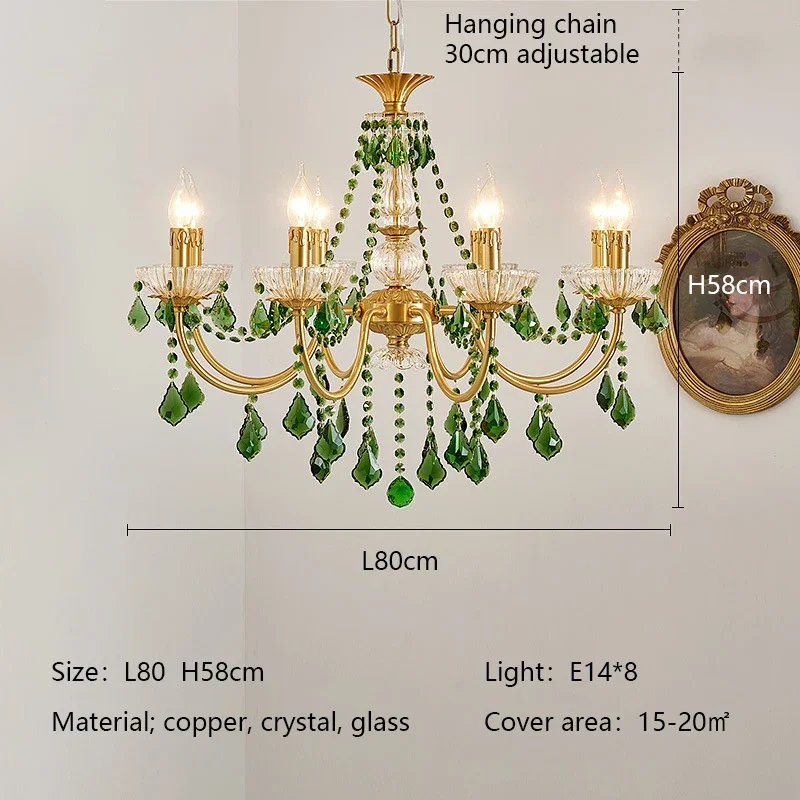 Franse retro kristallen kroonluchters, geschikt voor de woonkamer, eetkamer, slaapkamer en studeerkamer, luxe hanglampen met kaarsen, groene kristallen hanglamp.