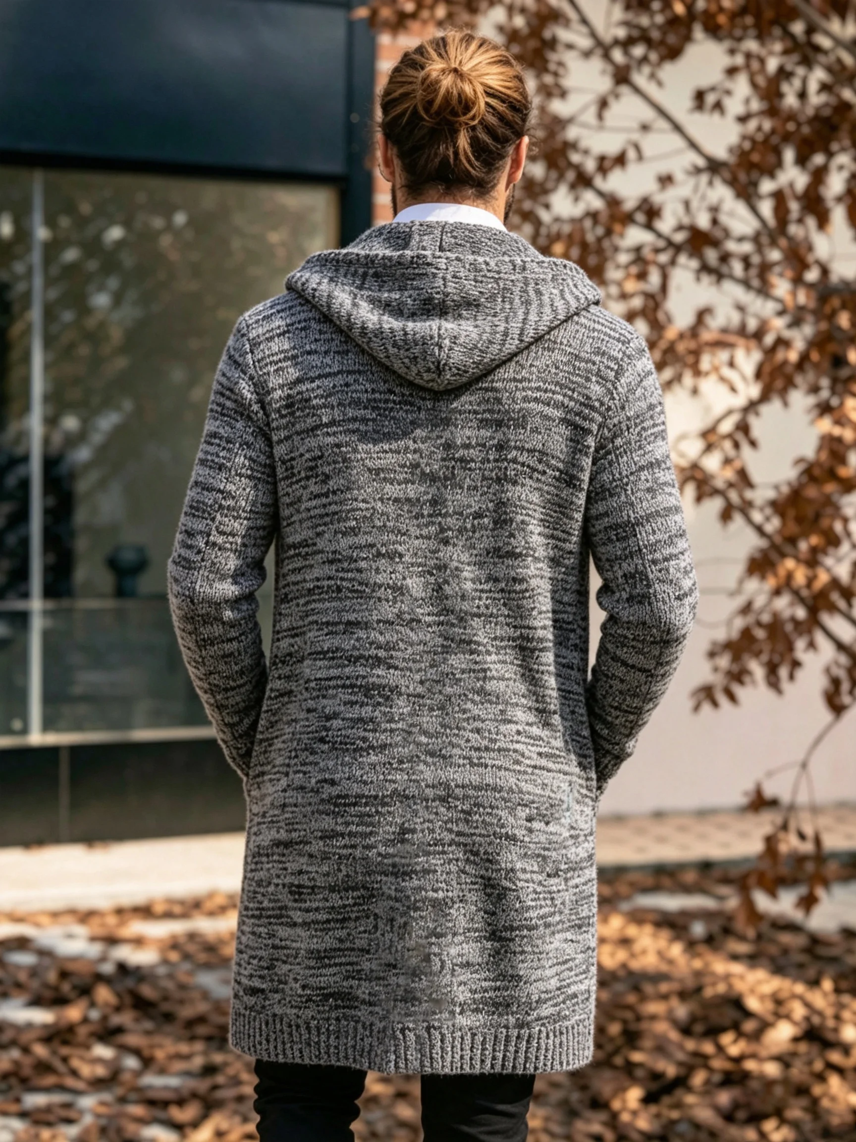 Herren Langer Kapuzen-Strickcardigan mit Offener Front, Pullover-Mantel mit Taschen, Lässiger Loser Langarm-Strickpullover für Herbst und Winter – Detail 2