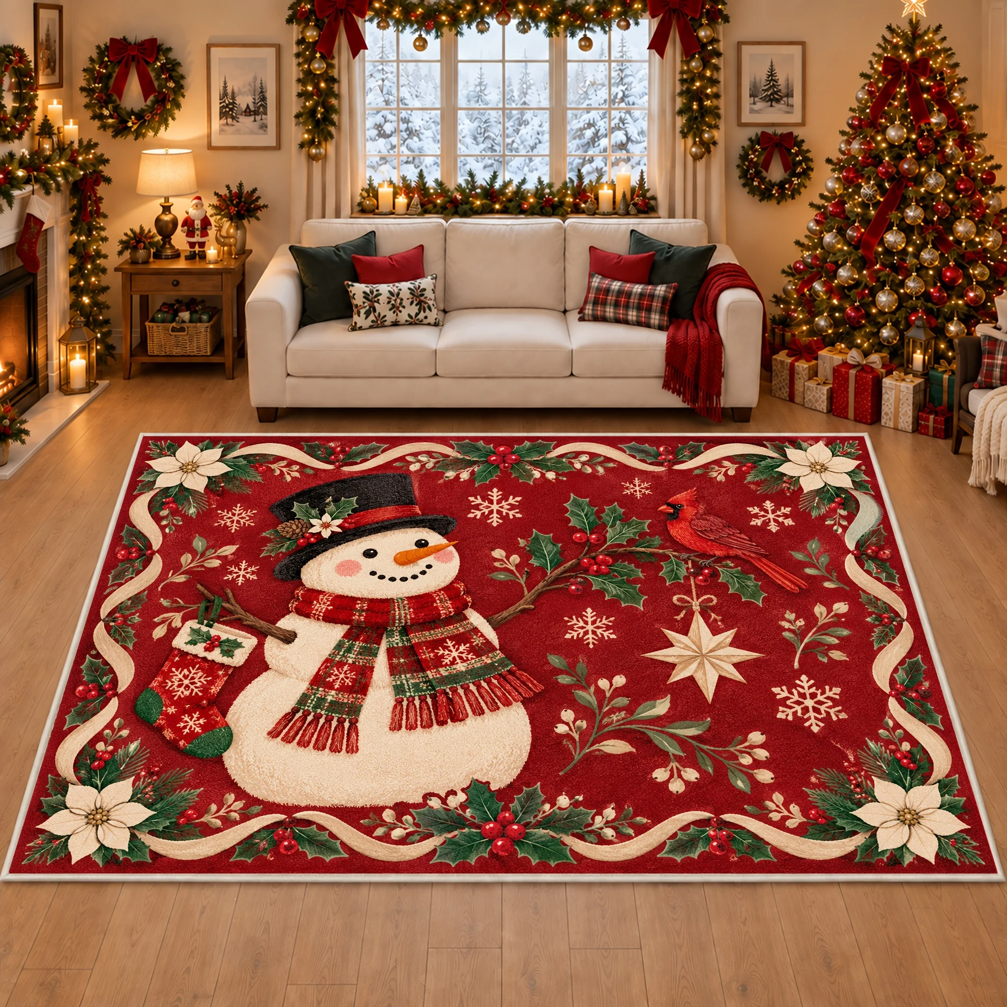 1pc Christmas Snowman Red Cardinal Bird Printed Area Rug, 2D Flat Print, Indoor Floor Mat for Living Room, Xmas Home Decor