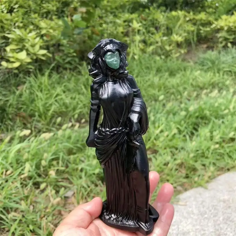 Natural Black Obsidian Green Aventurine Medusa Carving Hand Stones Healing Ornaments Home Decoration 1PCS