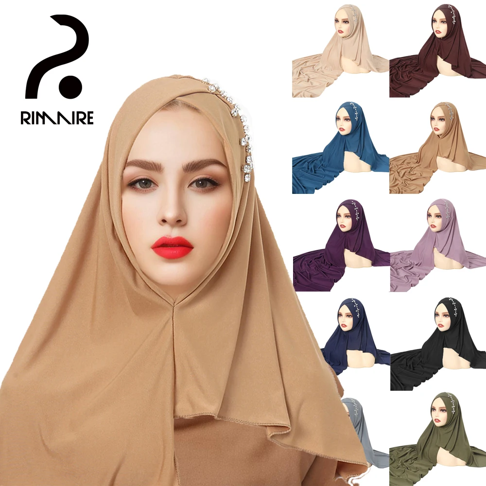 RIMAIRE Knitted Muslim Pure Color Hijab with Diamond Decoration 170*70cm Big Size Hijabs for Women Elastic and Comfortable Scarf