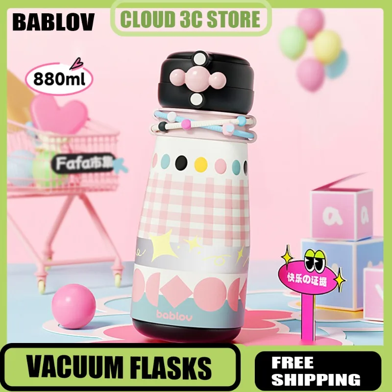

Bablov 880 мл термос из нержавеющей стали, двойные бутылки для питья, офисная школьная чашка для воды с соломинкой, мультяшная кружка для чая с молоком, кофе