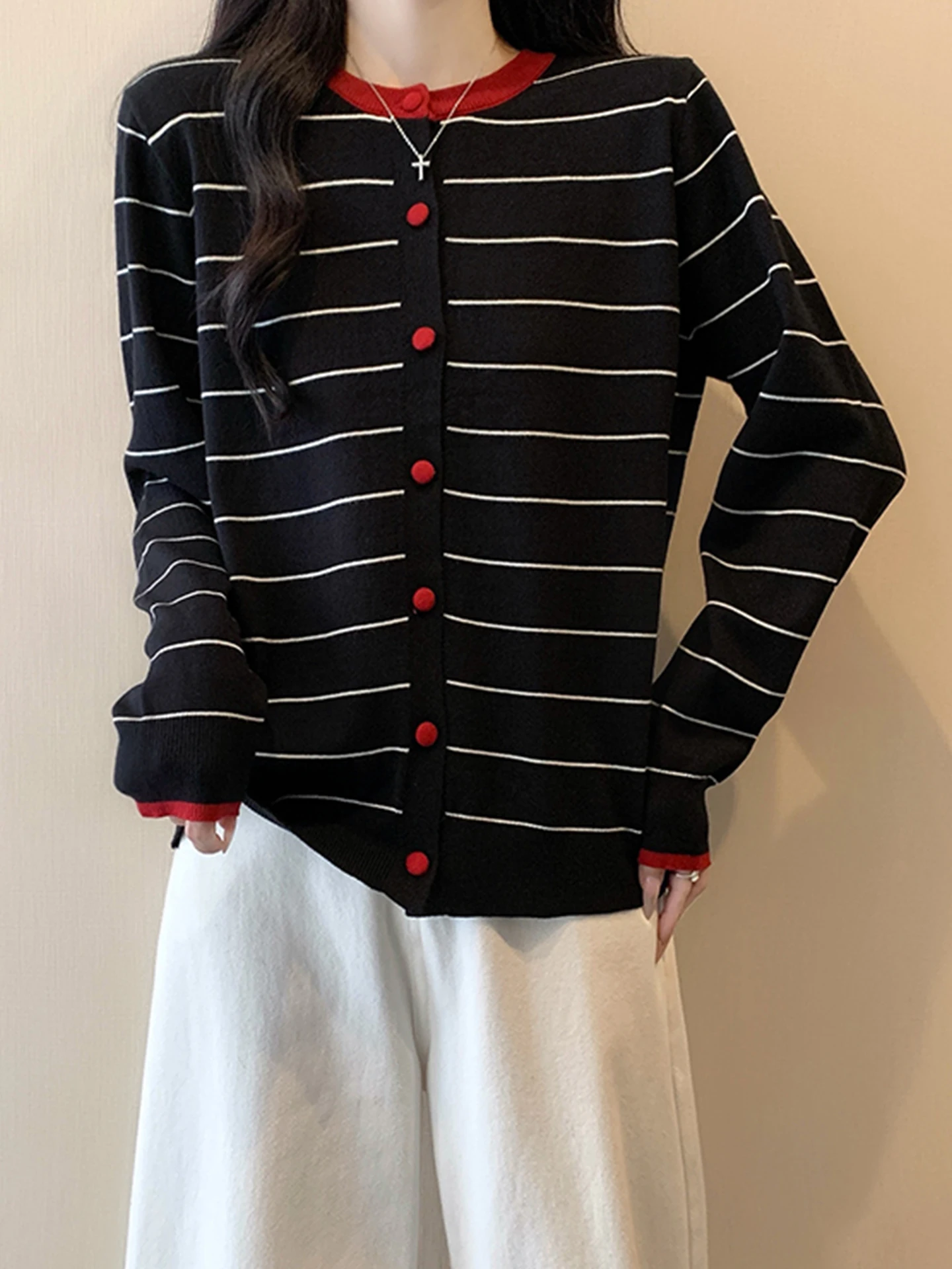 

Retro Korean Sle Striped Knitted Open Cardigan Women's Spring Autumn plus Size Slimming Lazy Base irt Top Casual Loose Fit