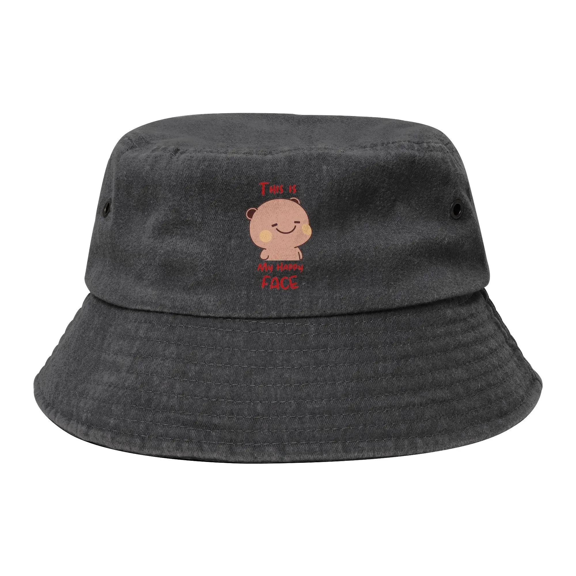 Vocation Cute Happy Bubu Face Bucket Hat Women Men Distressed Washed Sun Hat Panda Bear Bob Hat Fishing Hats