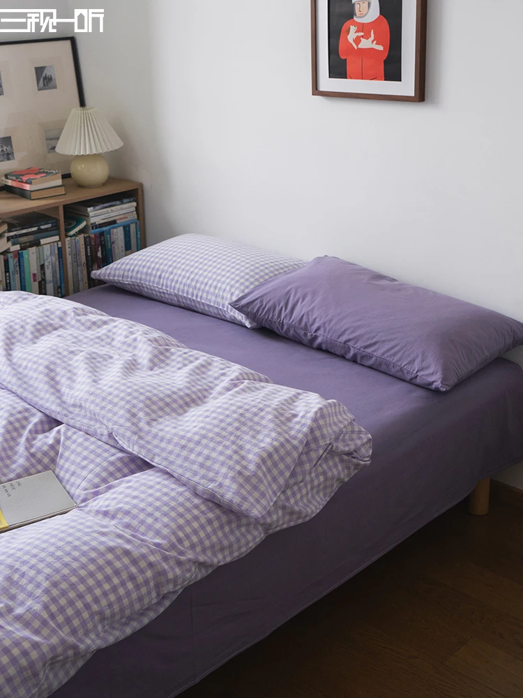 

Комплект постельного белья из чистого хлопка с цветным плетеным узором: фиолетовый клетчатый пододеяльник, простыни, наволочки, покрывало для всех сезонов