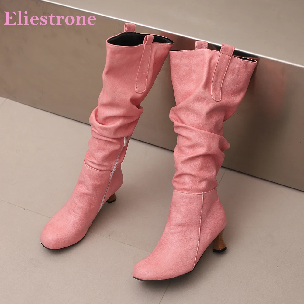 

Новинка 2025 года, зимние новые розовые коричневые женские сапоги до колена с круглым носком на высоком каблуке, женская обувь для вечеринок, большие размеры 12, 43 45, 50