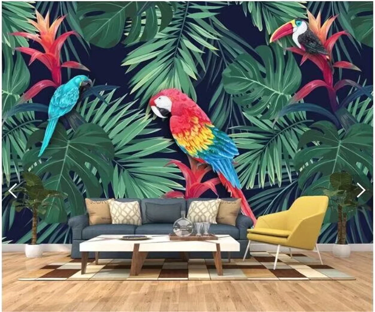 Customized new wallpaper Hand painted retro tropical plants flowers and birds indoor TV bedroom background wallpapers home decor