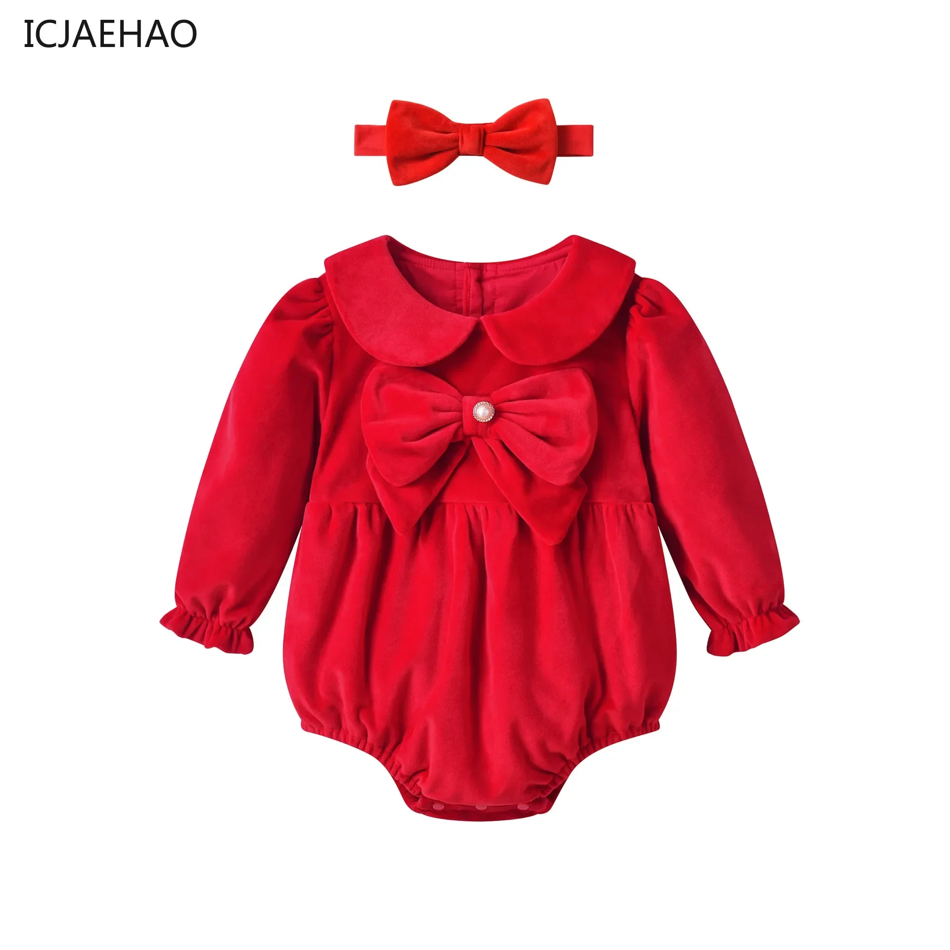 

2025 Newborns Baby Bodysuit Clothes Tops Rompers for Girl Spring Winter Red Bow Velvet Jumpsuit Headband Sets Birthday Climbing