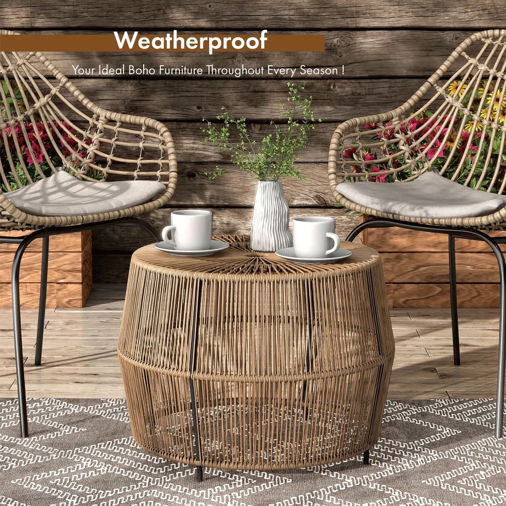 Outdoor Round Coffee Table PE Wicker Rattan Weather Resistant Durable Lightweight Indoor Outdoor Side Table Small Spaces