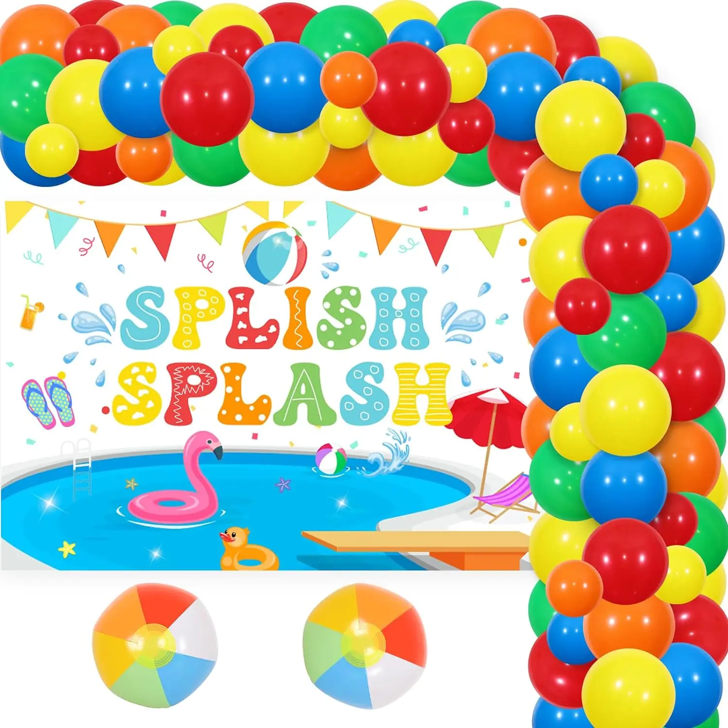 

Splish Splash Birthday Decor Summer Pool Party Decorations with 2 Beach Ball Balloons, Balloon Garland Arch Kit, Backdrop