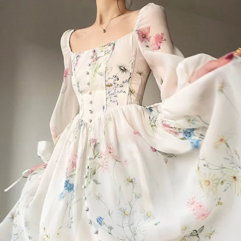 Vestido francês longo para festa, primeiro amor, fada, chá, flor da floresta, osso de peixe da chuva, impressão fina, primavera, novo