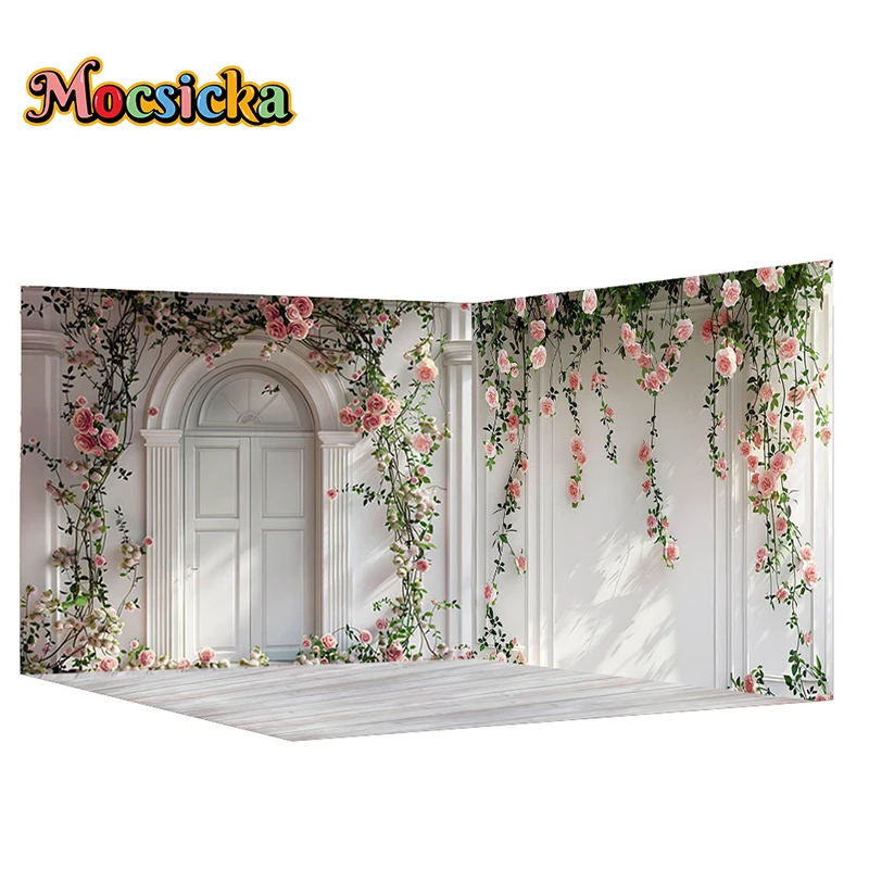 Mocsicka Photography Background White Arch Wooden Door Floral Adult Wedding Maternity Portrait Decor Backdrop Photo Studio