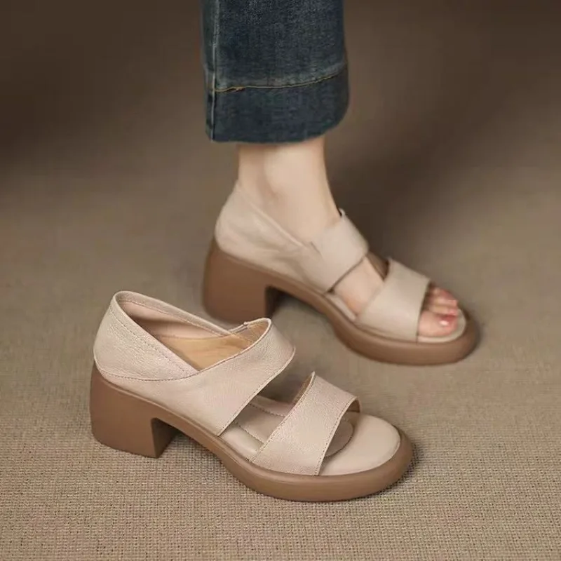 High Heel Sandals Summer New Round Toe Open Toe Slip-on Platform Non-Slip Block Heel Shoes，6cm Fashionable Women's Shoes，35-40