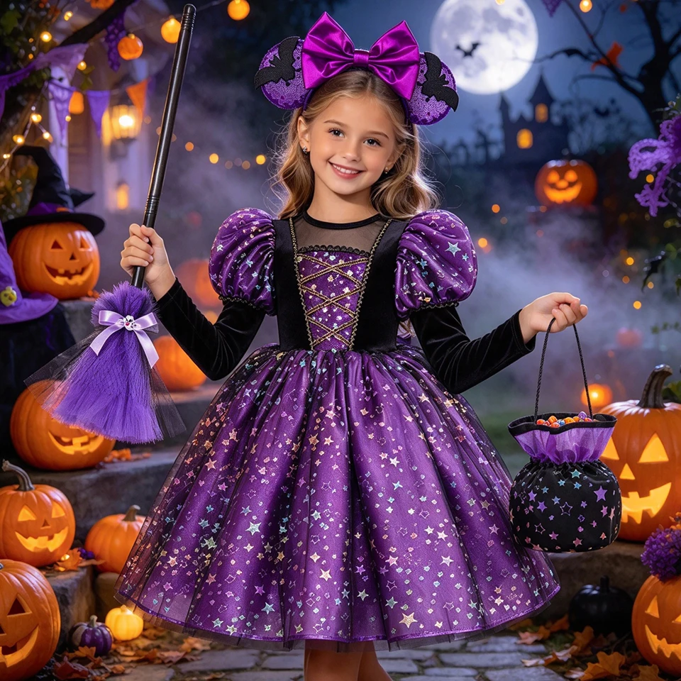 Fantasia Girls Purple Star Sparkle Witch Halloween Costume Carnival Kids Role Play Masquerade School Party Children's Costume