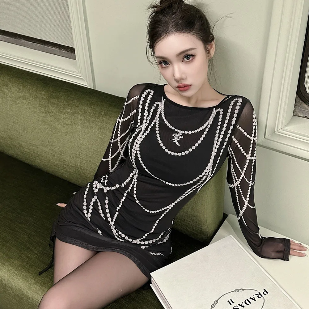 Fashion Beaded Chain Printed T Shirt Dress Korean Fashion 2000s Y2k Drawstring Long Sleeve Mini Dresses Graphic Tees White Black