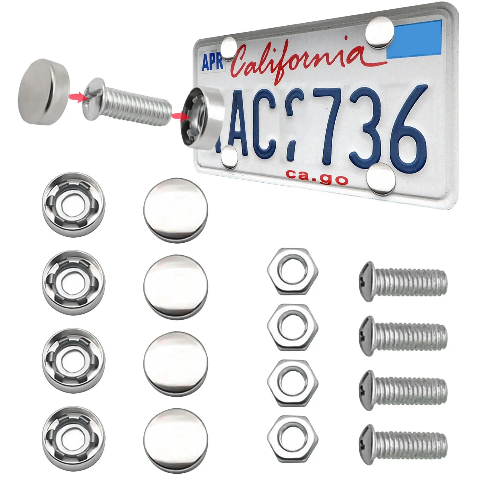 4Pcs/Set Chrome Anti-theft Screws Car License Plate Bolts Frame Screw for Fastening Frame, License Plate Cover Security Bolts