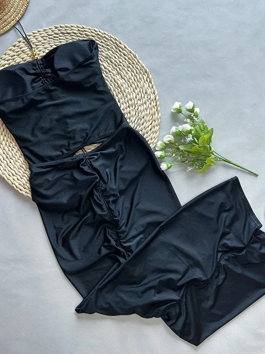 Solid Color One Piece Swimsuit High Waist Hollow Out Drawstring Wrinkle Dress Bikini Monokini Beach Vacation Swimwear 2025 New