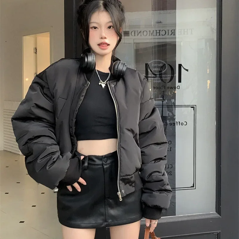 Gidyq Warme Katoenen Crop Baseball Jack Dames Koreaanse Stevige Rits Pocket Stand Kraag Parka 'S Fashion Casual All Match Top Winter