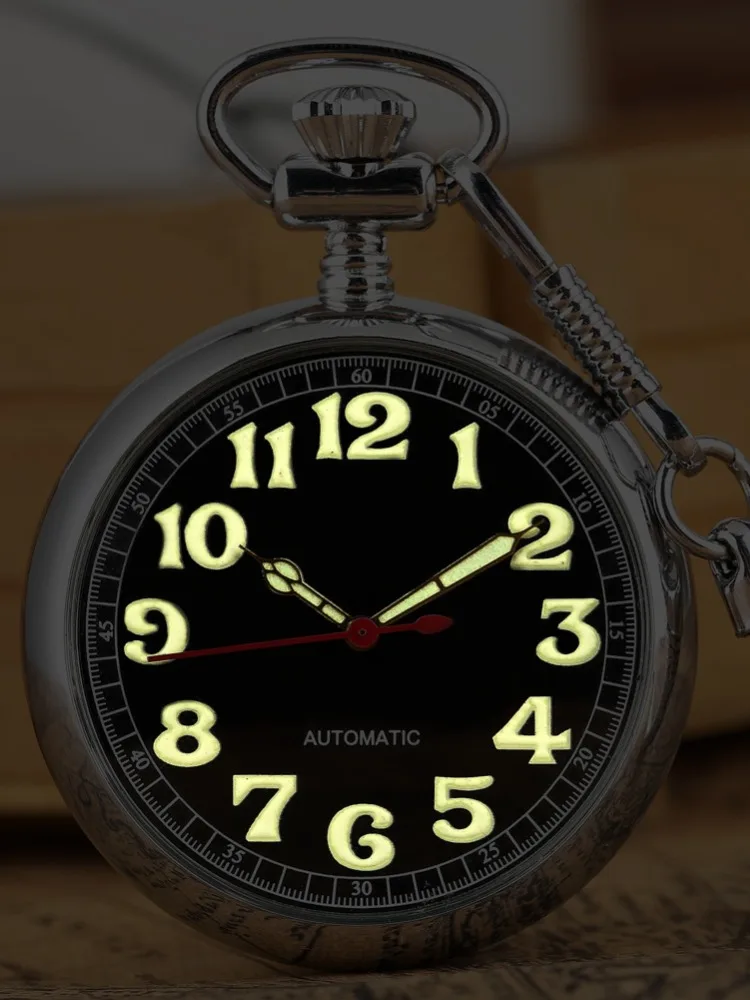 Luminous Numbers Dial Mechanical Automatic Pocket Watch Self Winding Pocket Snake Chain Luxury Watch Noctilucent Fluorescent