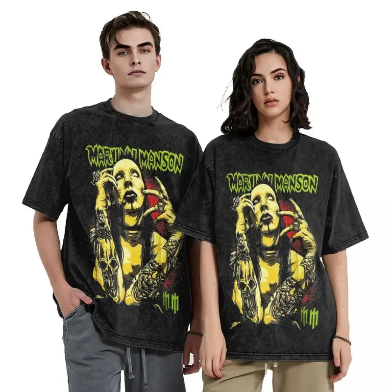 Washed T Shirt Marilyn Manson Hip Hop Vintage T-Shirt Oversize Streetwear 100% Cotton Graphic Tops Tees for Men Women