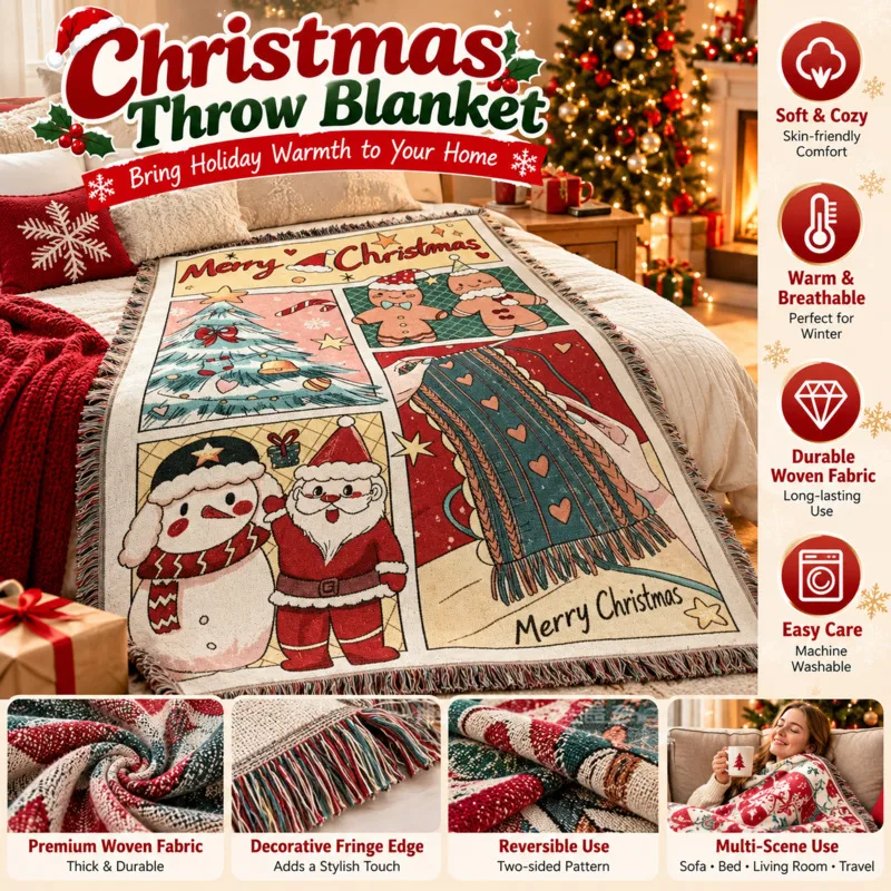 Christmas Vintage Snowman Tapestry Woven, Throw Blanket With Fringe Candy, Cane Gingerbread Sofa Bed Cover, Xmas Home Decor Gift
