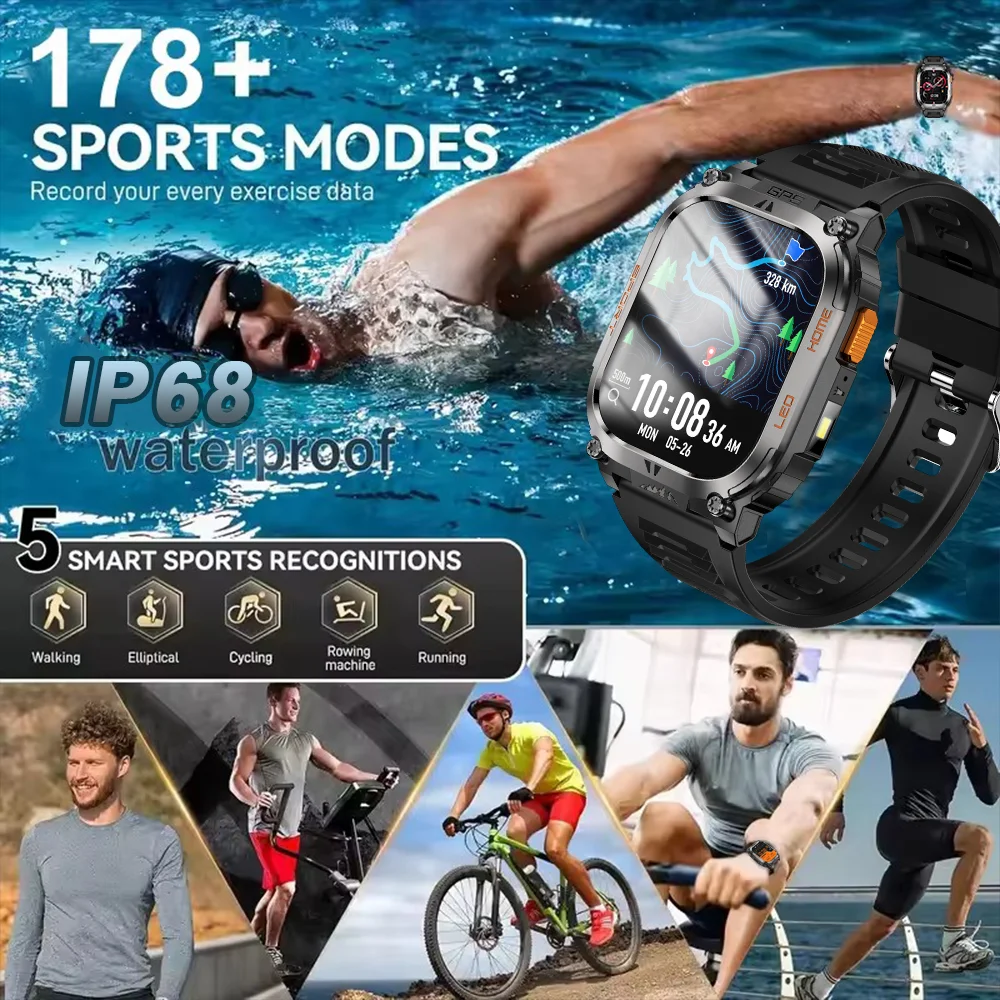 New For Huawei 630mAH Military GPS Smart Watch Men Flashlight Compass Waterproof Outdoor Sport Tracker Bluetooth Call Smartwatch