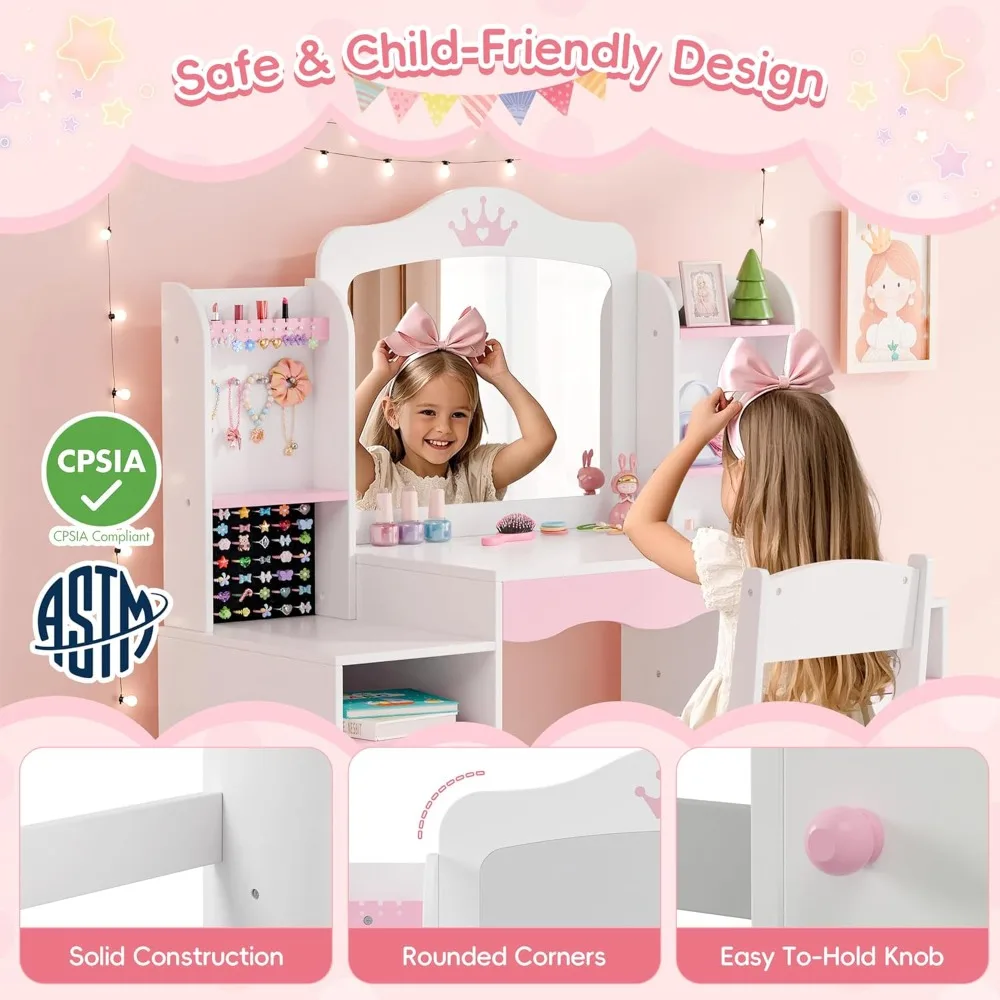 화장대, 거울과 스툴이 포함된 소녀용 화장대 세트, 보석 보관함이 있는 2 in 1 유아용 화장대, 나무 공주 화장대