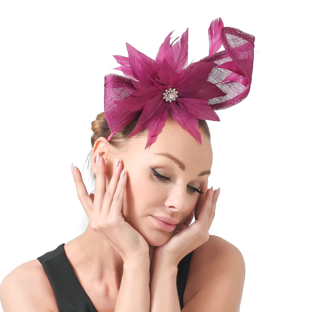 Magenta Church Sinamay Fascinator Gril Millinery Headbands With Feather Cocktail Hat Women Wedding Headwear Hair Accessories