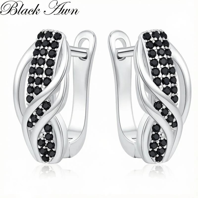 Black Awn 2026 New Hoop Earrings for Women Classic Silver Color Trendy Spinel Engagement Jewelry I279