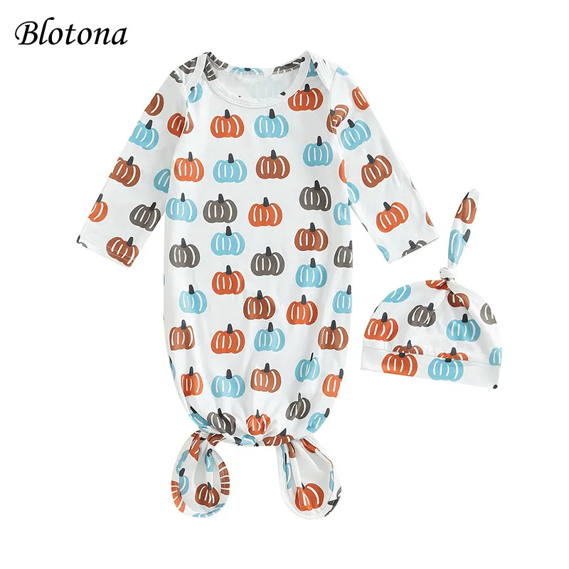 Blotona Newborn Halloween Sleeping Bags Pumpkin Print Long Sleeve Knotted Swaddle Baby Sleep Sack with Matching Hat 0-6Months