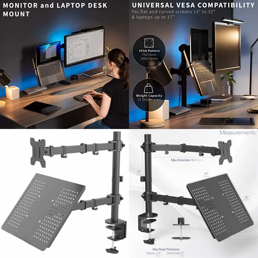 Black Fully Adjustable 13 to 32 inch Single Computer Monitor and Laptop Desk Mount Combo, Stand with Grommet Option, Fits up to 17 inch Laptops