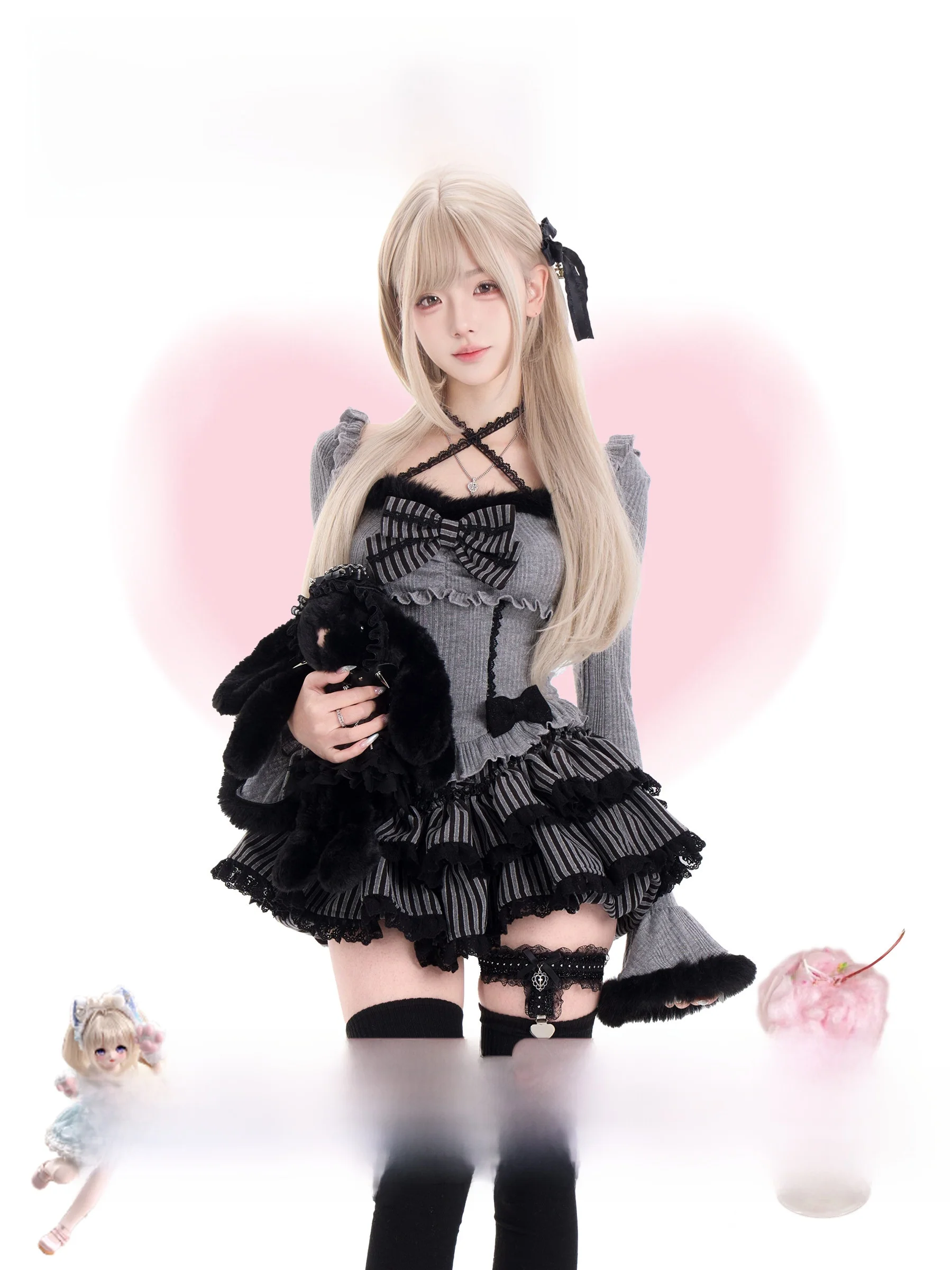 

Gothic Sle ey Knitted Top with Bow Design And Stripe Skirt Two Piece Set Lightweight as System for Teenage Girls