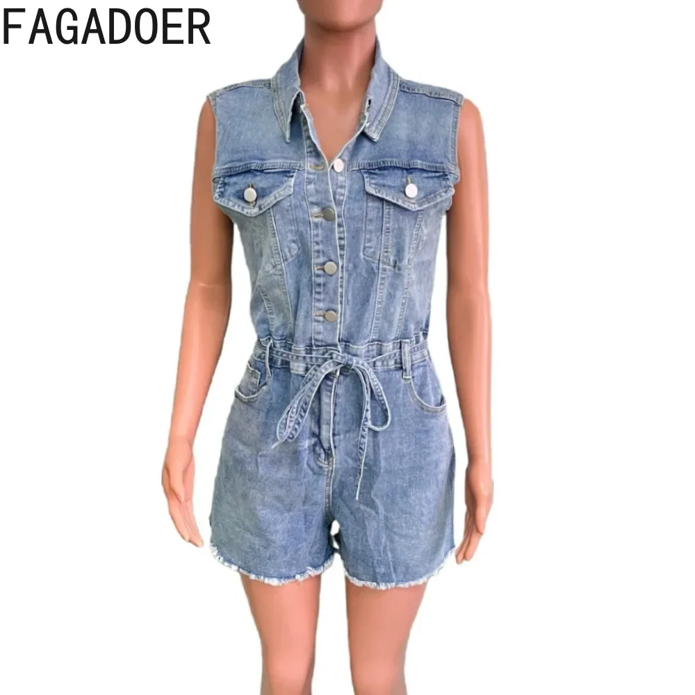 FAGADOER Quality Retro Denim Rompers Women Lapel Buttons Sashes Cargo Pockets Jean Jumpsuit Hot Girl Vintage Streetwear Overalls