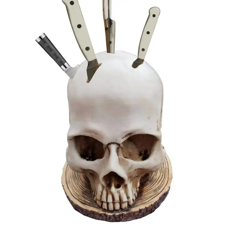 

Halloween Skull Knife Holder Horror Kitchen Storage Head Rack Skeleton Knife And Fork Stand Desktop Ornaments Home Decoration