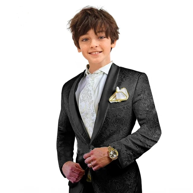 Fashion White Suit for Boys Set Slim Fit Prom Wedding Blazer Pants 2 Piece Formal Floral Jacquard Kids Tuxedos Jacket