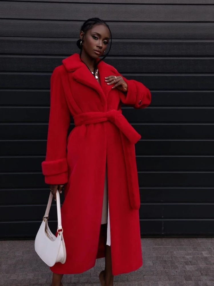 Luxury Brand Winter Faux Rabbit Fur Coat Women Long Fur Coat Thick Warm Soft Belt Trench Coat Lapel Overcoat Fluffy Jacket Trend