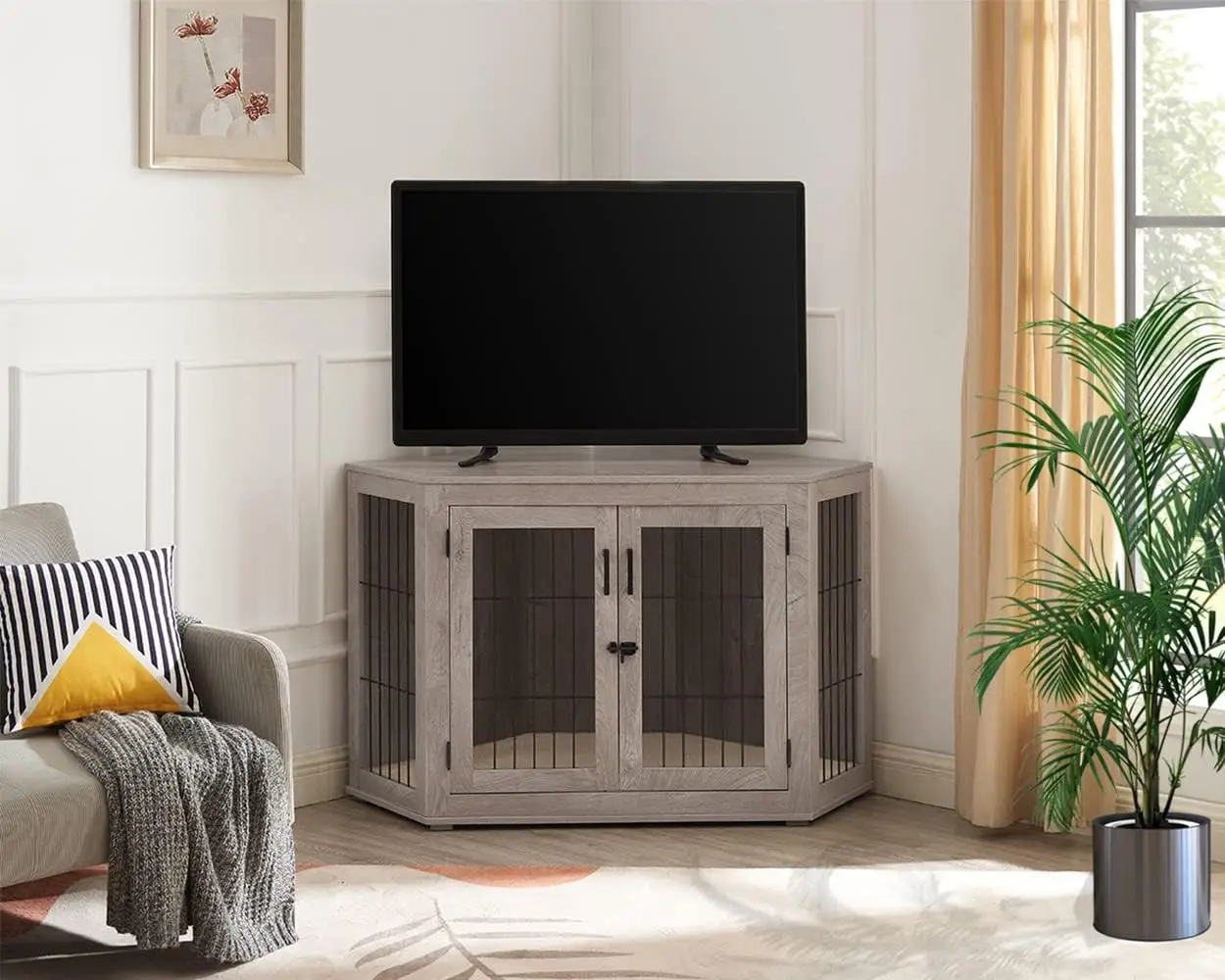 زاوية قفص الكلاب للأثاث، طاولة جانبية خشبية لزاوية بيت الكلاب مع وسادة، طاولة جانبية لزوايا الحيوانات الأليفة الداخلية للكلاب