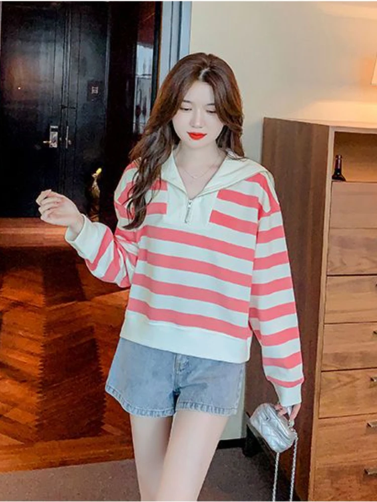 Striped Baggy Sweatshirts Women Sailor Collar Harajuku All-match Casual Clothing Autumn 4XL New Long Sleeve Korean Style Chic