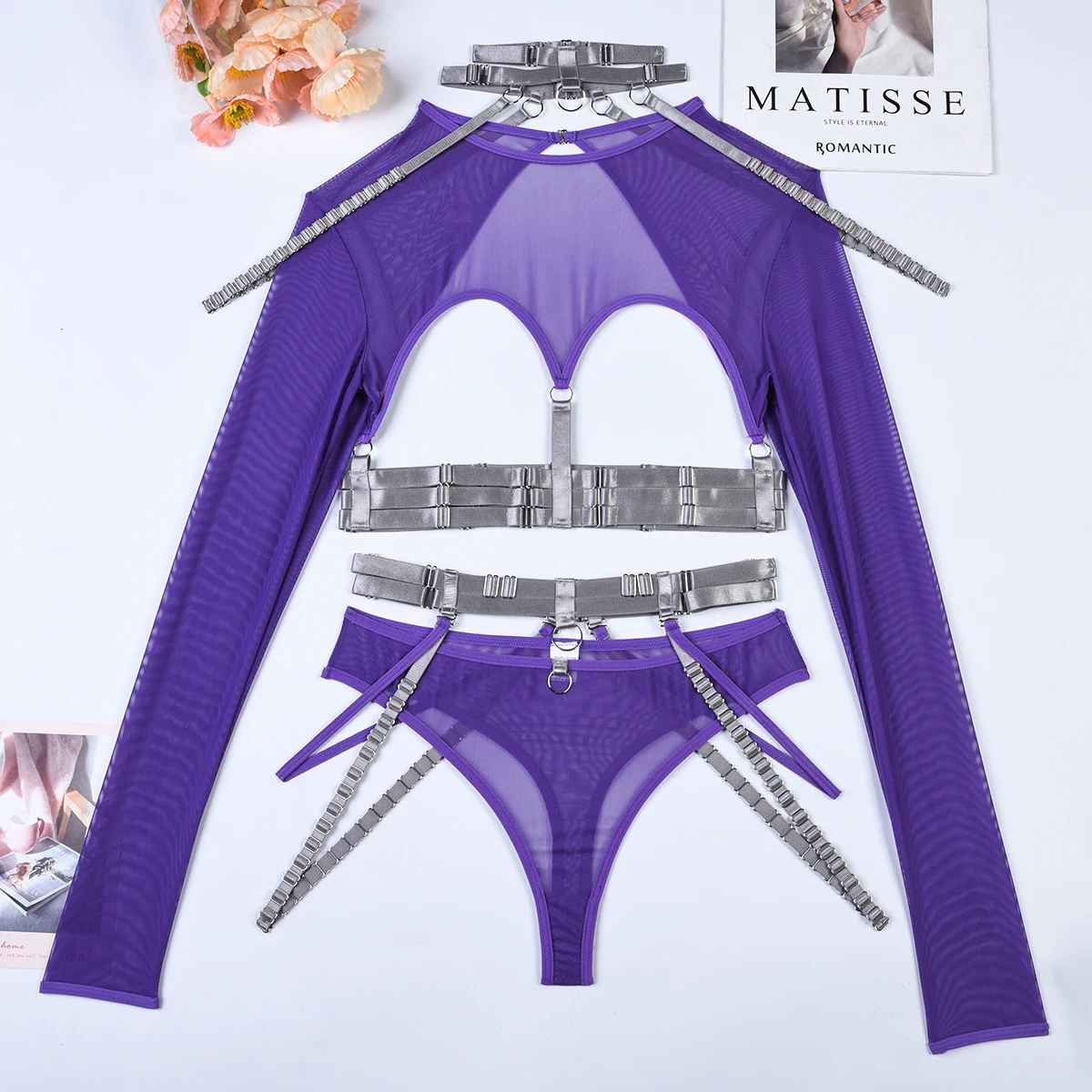 Brskbzda Sexy Lingerie Sexual Costume Cut Out Porn Transparent Exotic t-Shirts Gothic Sensual Accessories 4-Piece Garter Belt