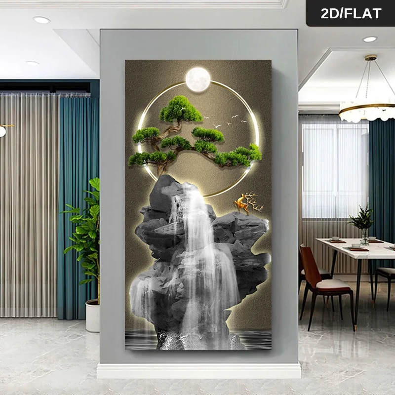 Modern Abstract Frameless Moonlit Bonsai Waterfall Scene Print Art Wall Art Canvas Painting Art for Canvas Poster Wall Decor for