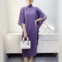 Pleated women's solid color party dress fashion temperament loose plus size pleated scarf neck skirt 2024 Autumn New