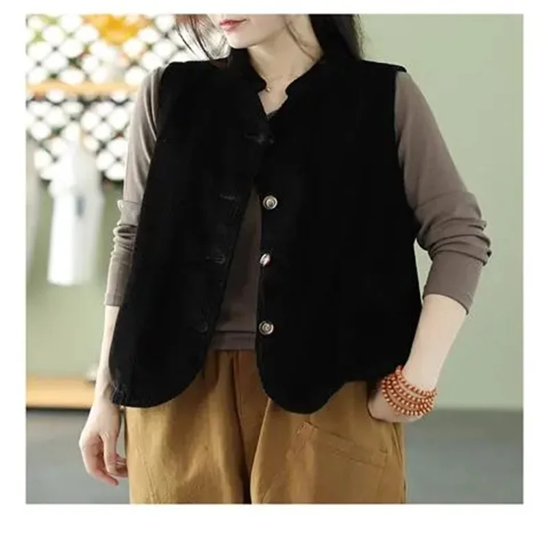 Lady Large Size 5XL Striped Velvet Waistcoat  Autumn Female Stand Collar Double-deck Vest Coat Women Corduroy Sleeveless Jacket