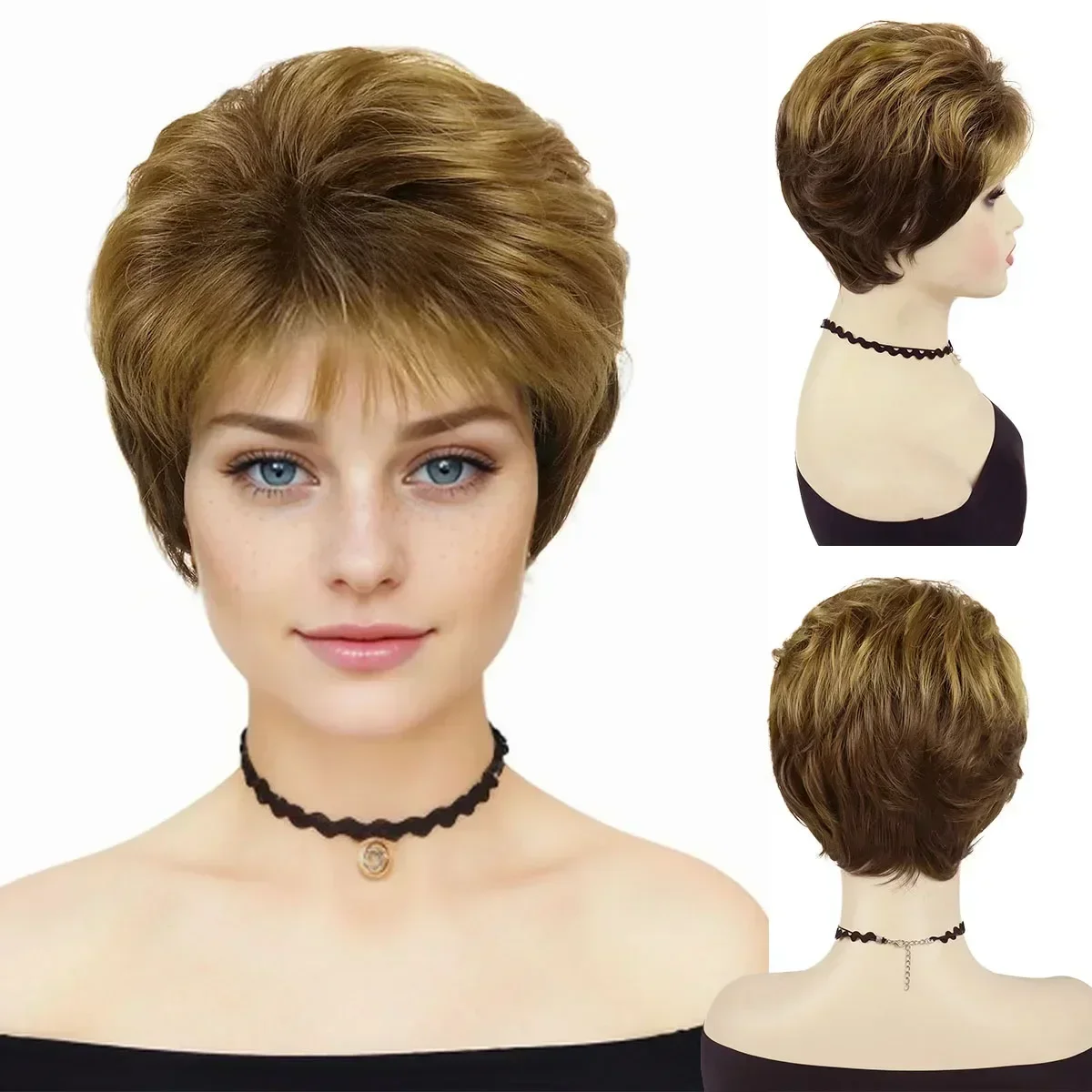 Short Brown Wig Haircuts Premium Synthetic Wigs for White Women Natural Straight Hair Styles Mommy Wig with Bangs Mother Gifts