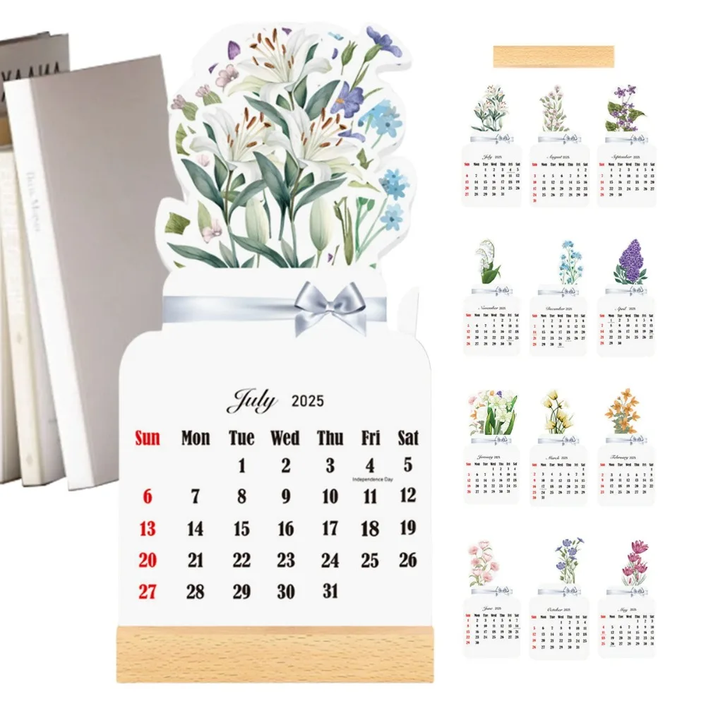 

New Year Bloomy Flowers Desk Calendar Monthly Planner Vase Shaped Bloomy Flowers Calendar Card With Detachable Base