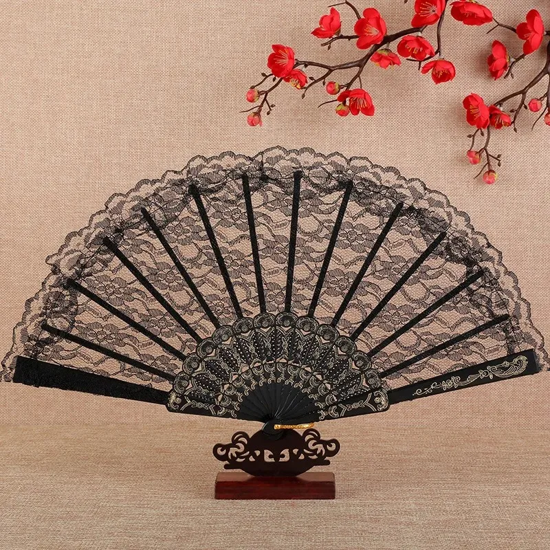 Retro Sexy Lace Fan Summer Dance Performance Photography Photo Props Portable Folding Hand Fan Decorative Fan Chinese Dance Fan