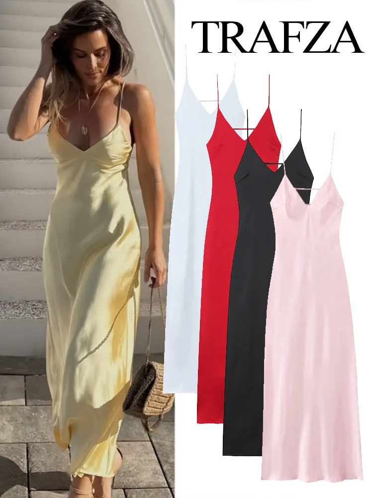 

TRAFZA Summer Women's Light Yellow Sexy V-neck Sling Dress Back Zipper Elegant Midi Skirt 2025 Women's Party Holiday Dress Y2K
